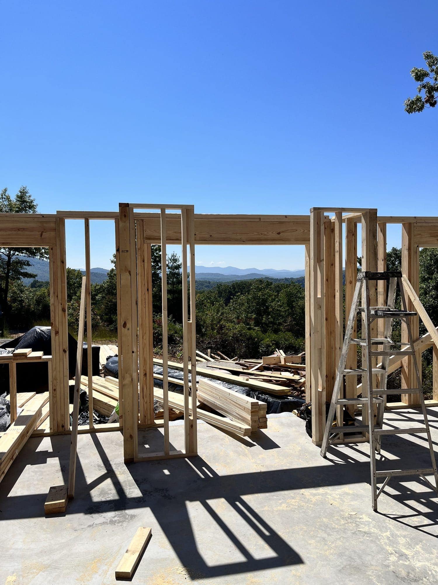 Wall framing with mountain view through openings