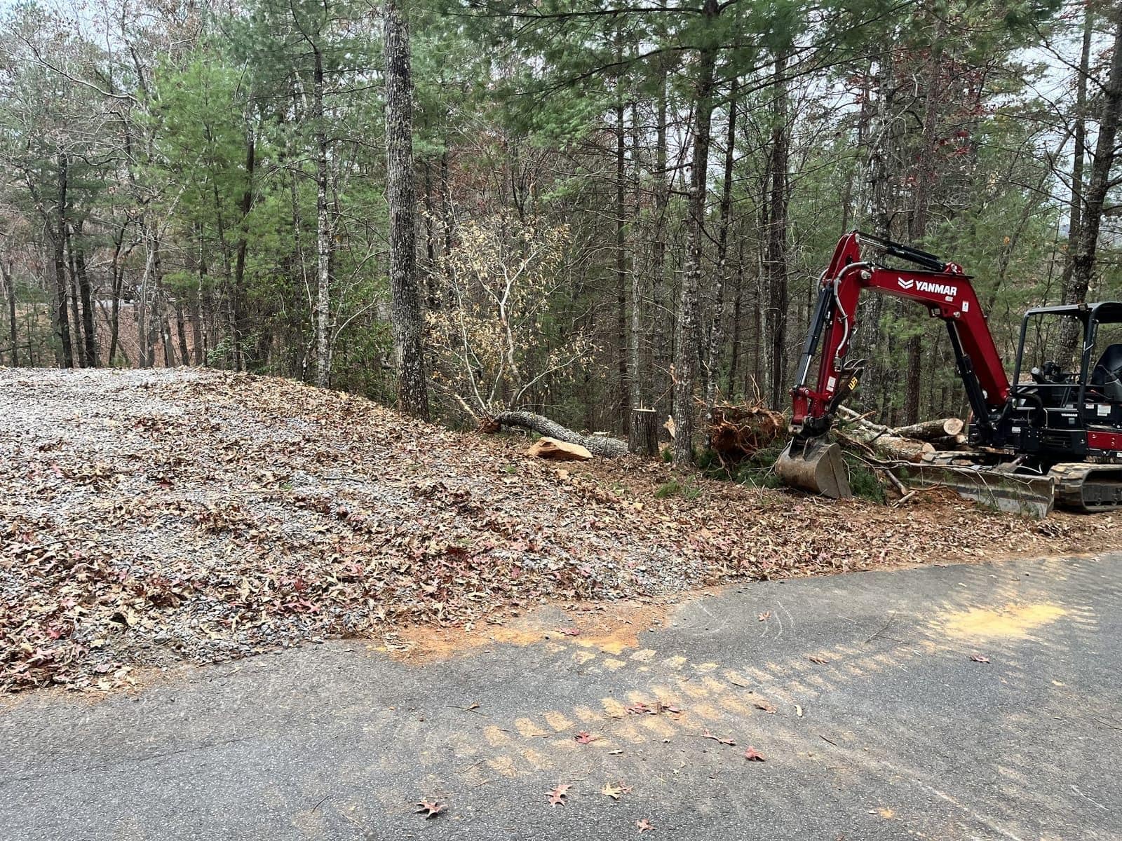 Red excavator beside a cleared strip of ground and a paved road