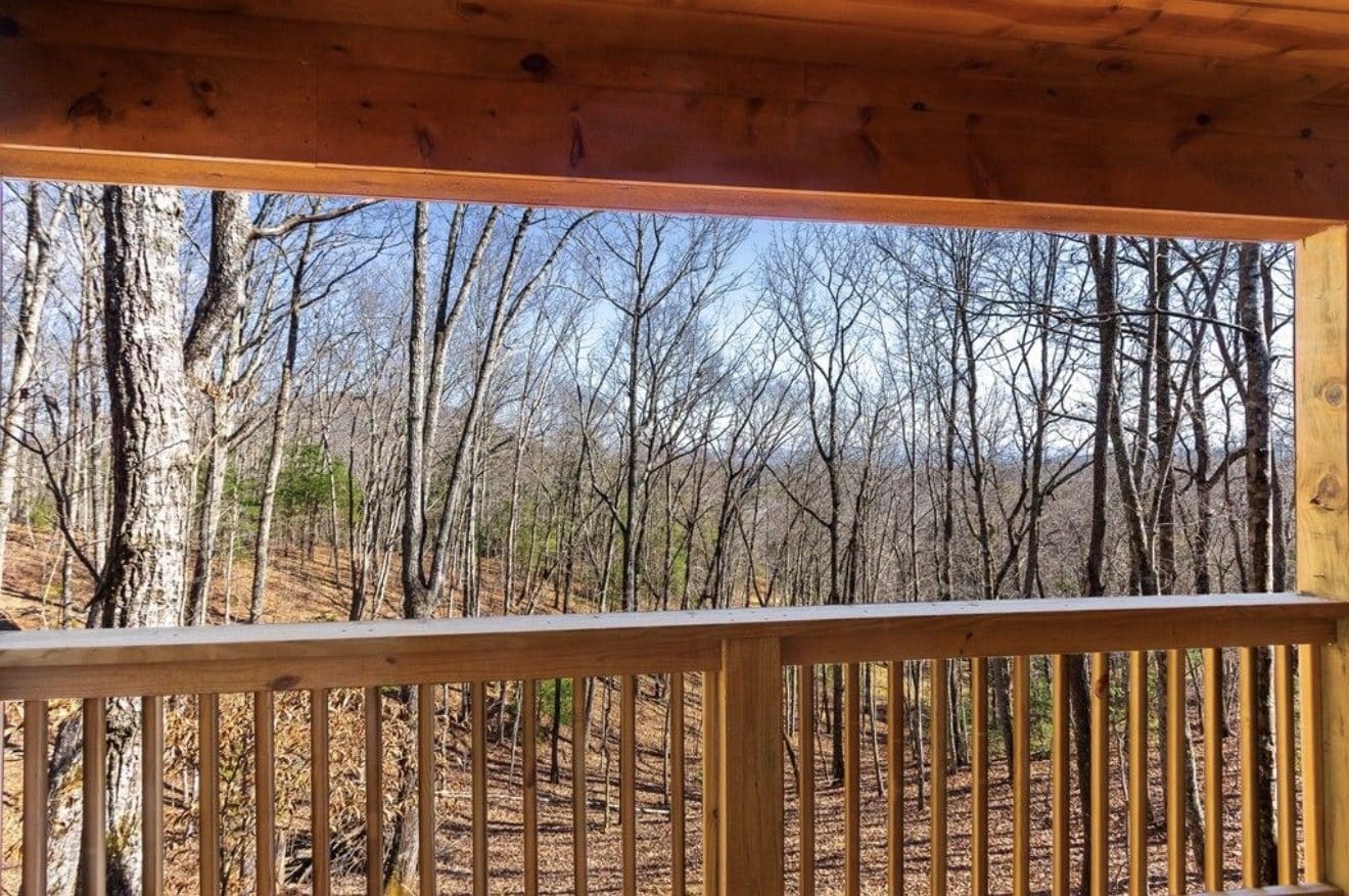 View past porch railing to forested hillside